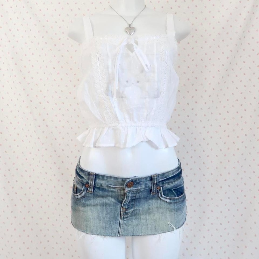 white swiss dot lace trim milkmaid cami peplum tank top coquette y2k